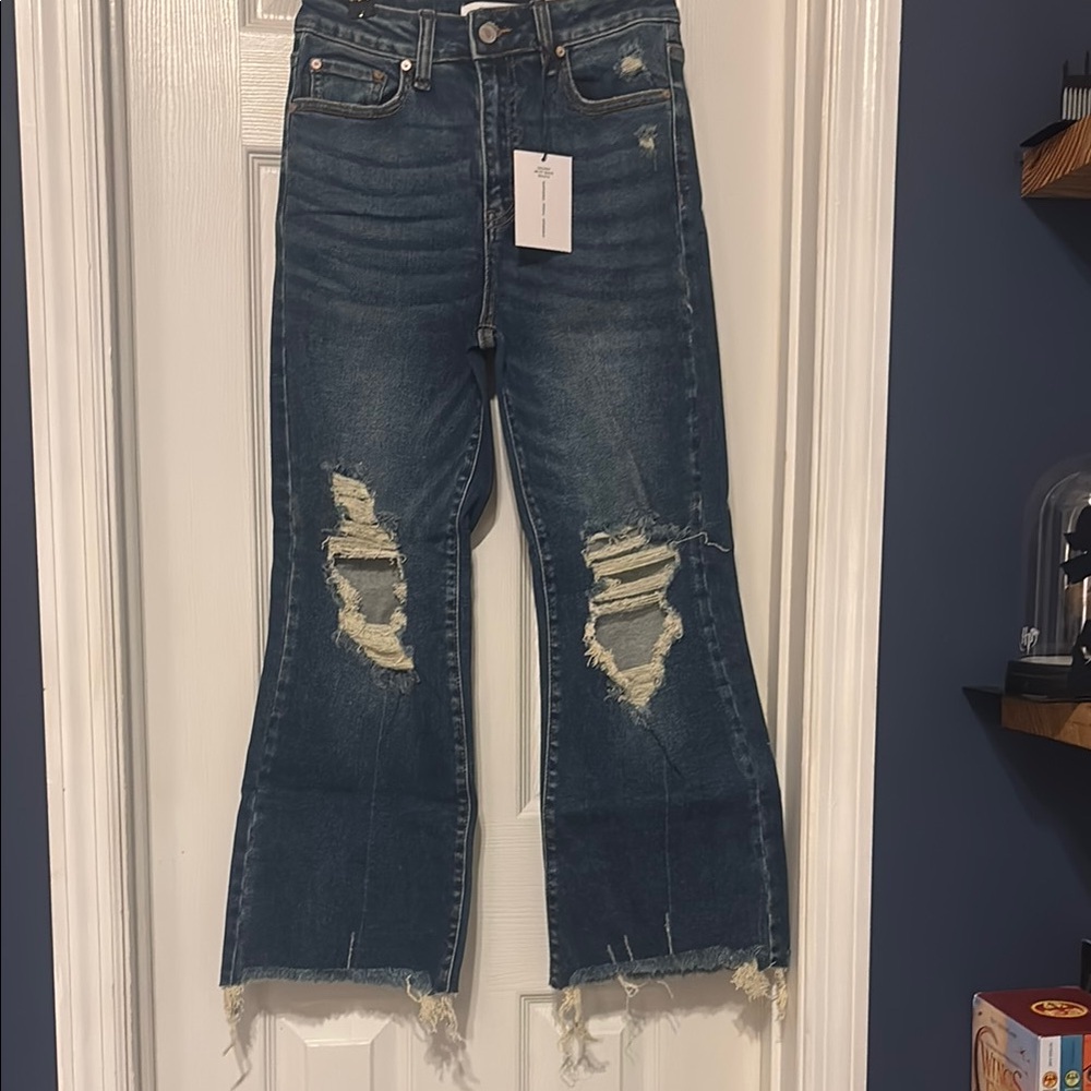 Zenana Outfitters Dark Blue Distressed Flare Jeans